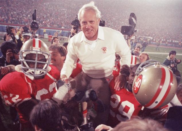 Bill Walsh and the 49ers celebrate 38-16 win over the Dolphins in Super Bowl XIX in 1985.